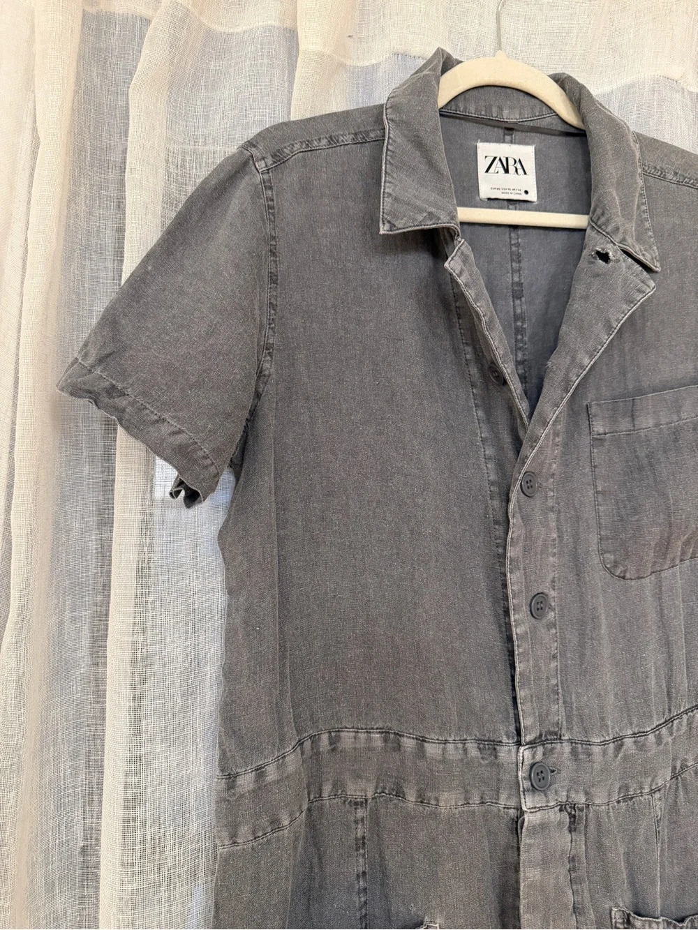 Zara 100% Linen Gray Short-Sleeve Utility Jumpsuit